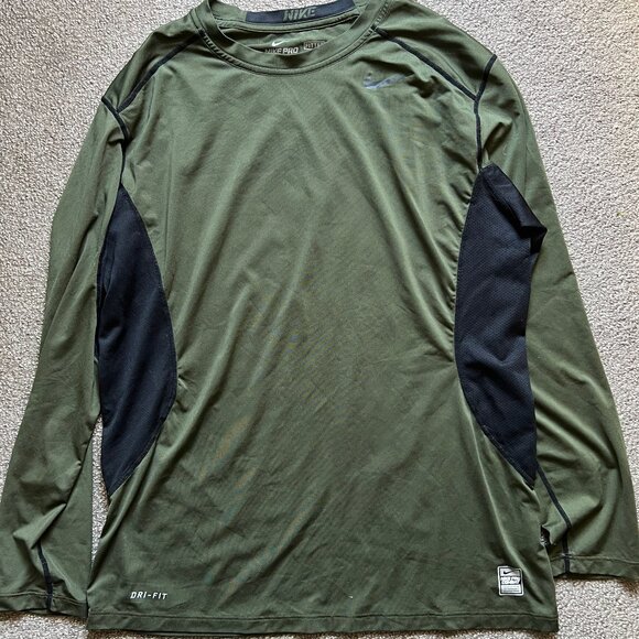 NIKE Dri-Fit Long Sleeve Pro Combat Shirt Olive Army Green & Black | Size L - Picture 3 of 9